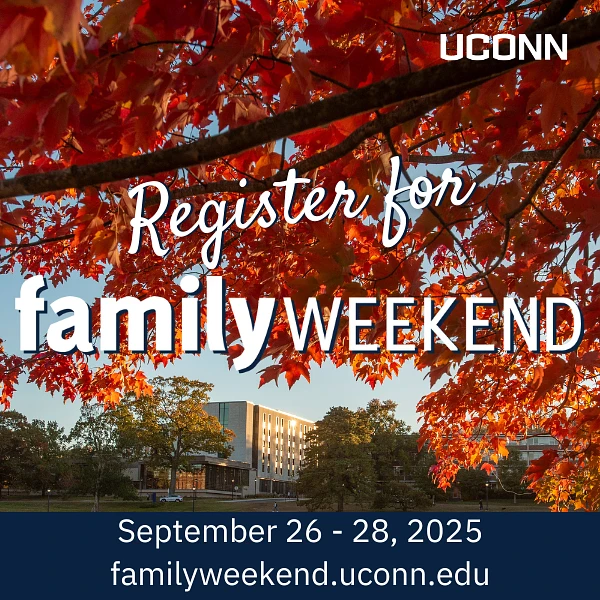 The image is a UConn advertisement for "Family Weekend" taking place from September 26-28, 2025, with autumn leaves in the background.