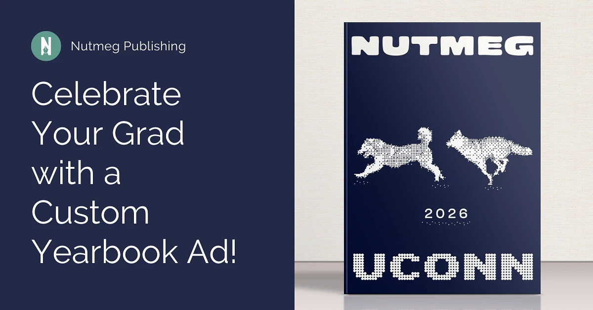 The image is an advertisement by Nutmeg Publishing offering custom yearbook ads for UConn graduates.