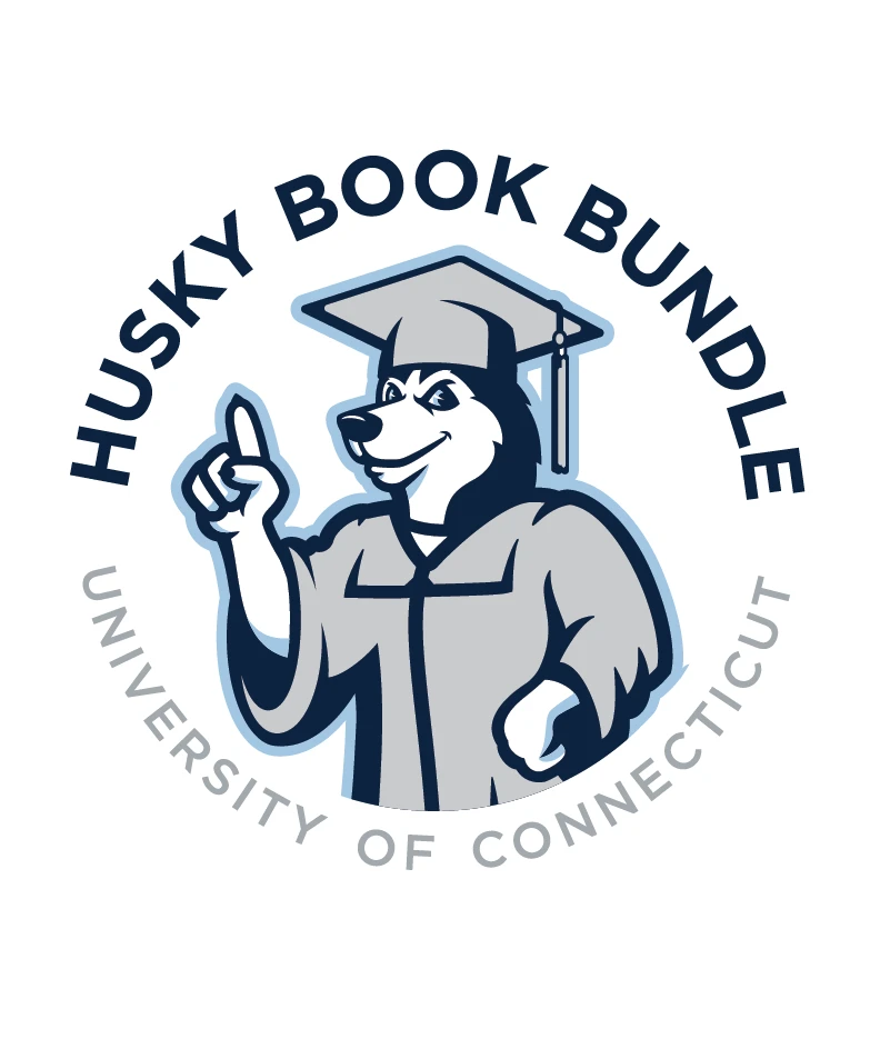 Husky mascot in a graduation gown pointing with words around it.