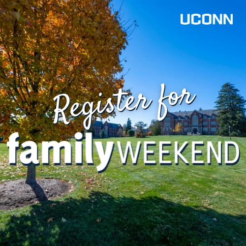 Green lawn, colorful tree, UConn sign, family weekend text.