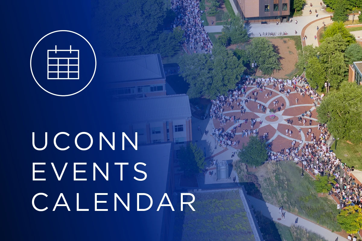 Blue graphic with aerial shot of people and UConn Events Calendar text.